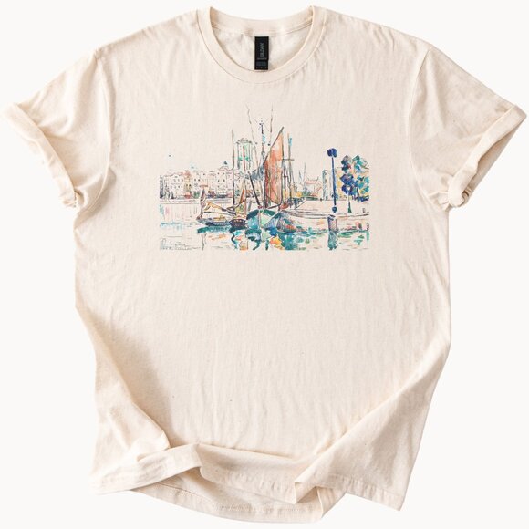 Harbor Boats Watercolor Tee Nautical Graphic Shirt Coastal Art - Picture 1 of 6